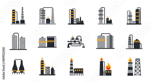 Industrial factory and refinery icons set.
