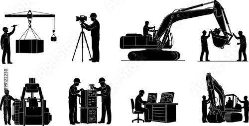 Industrial construction workers and heavy machinery silhouettes set, engineers operating excavators cranes and technical equipment, black vector icons on white