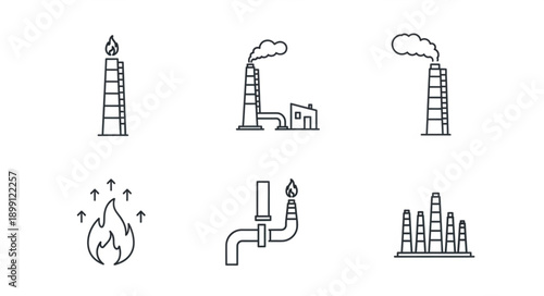 Industrial factory icons with smoke and fire elements.