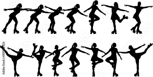 Silhouettes of woman roller skating and performing artistic dance poses, elegant girl figure skating on quad skates, isolated white background