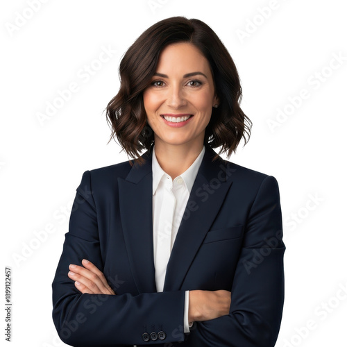 Smiling businesswoman in a navy blue suit isolated on transparent background