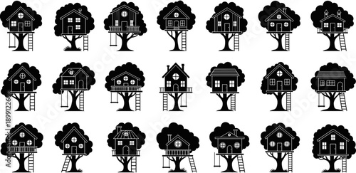 Tree house icon set featuring various wooden playhouse designs with ladders and swings nestled in forest trees for childhood adventure.
