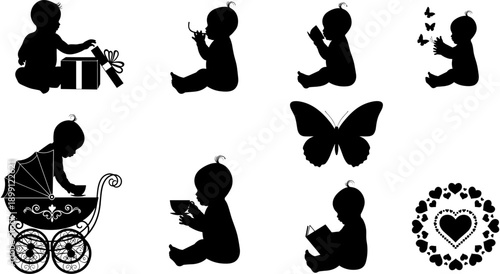 Baby silhouette set featuring infants playing with butterfly gift box stroller reading book and heart shapes for nursery and childhood design.