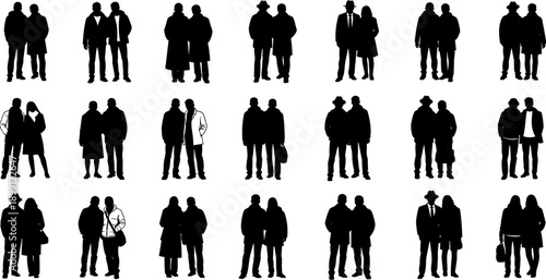 Black and white silhouettes of diverse couples standing together in winter clothing for lifestyle design fashion concept and relationship illustrations.