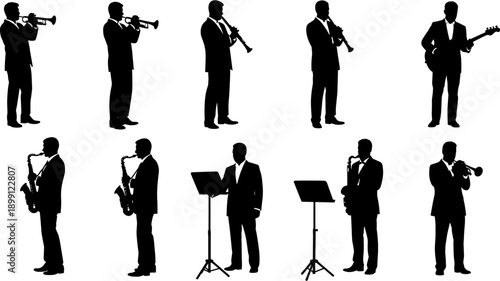 Silhouette collection of male musicians in suits playing trumpet saxophone guitar and standing with music stands on a white background.