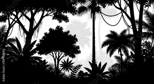 Tropical jungle silhouette with palm trees and foliage at sunset