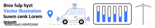 Self-driving car with GPS pin and signals, data chart with bars, and mining pickaxe. Ideal for tech innovation, automation, transportation, GPS, analytics, mining and a simple landing page
