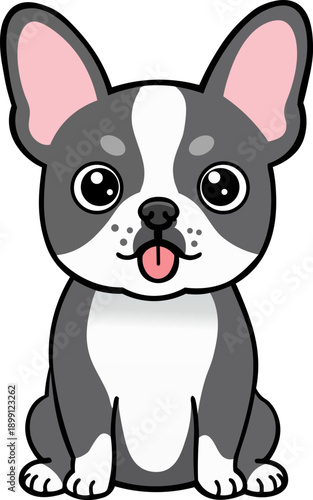 Minimalist Blue Pied French Bulldog Character Mascot Sitting with Tongue Out and Large Expressive Eyes