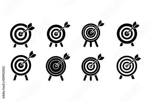 Set of Black Target Icons with Arrow Hitting Bullseye, Vector Illustration