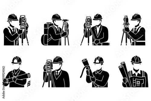 Set of Black Vector Surveyor and Engineer Icons with Theodolite and Total Station Equipment