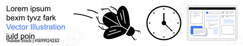 Software development, debugging processes, project management, efficiency improvement, time management, coding tasks. A bug icon, clock and software window. Debugging and project management