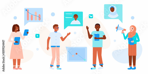 Diverse team collaborating with data analysis and communication elements