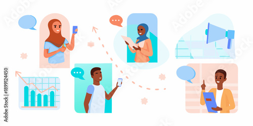 Diverse people connecting through technology and communication platforms online