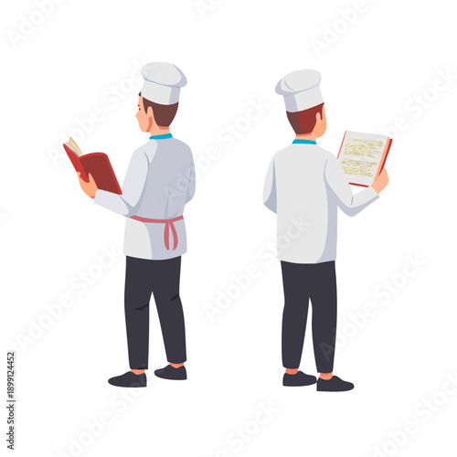 Chef, cook or restaurant worker wearing uniform and toque reading recipe or culinary book. Male cartoon character isolated on white background. Front, side, back views. Flat vector illustration.
