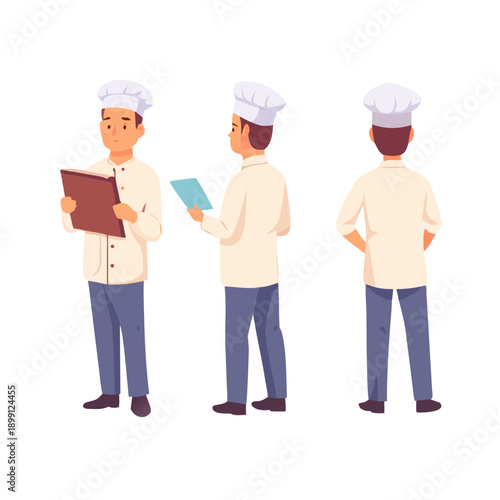 Chef, cook or restaurant worker wearing uniform and toque reading recipe or culinary book. Male cartoon character isolated on white background. Front, side, back views. Flat vector illustration.
