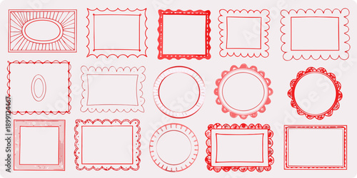 Collection of hand drawn red stamp frames and decorative borders