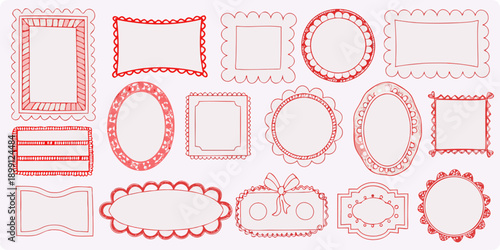 Collection of red hand drawn frame and border shapes on a white background