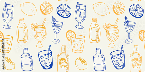 Hand drawn pattern of citrus fruits and various beverage glassware