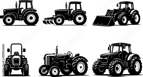 Tractor Silhouettes Set of 6 - Vintage and Modern Farm Tractors Black Vector Icons