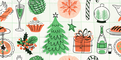 Festive holiday pattern featuring illustrations of food gifts and christmas trees