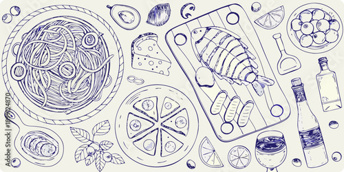 A culinary collection pasta fish pizza and fresh produce sketches