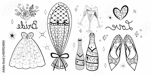 Wedding themed doodles shoes champagne dress and romantic elements