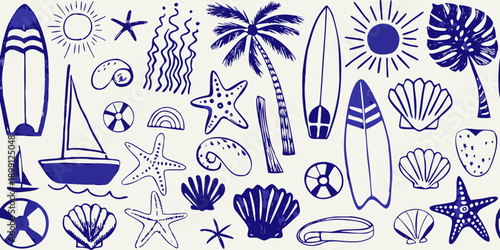 Blue and white summer themed pattern with ocean and tropical elements