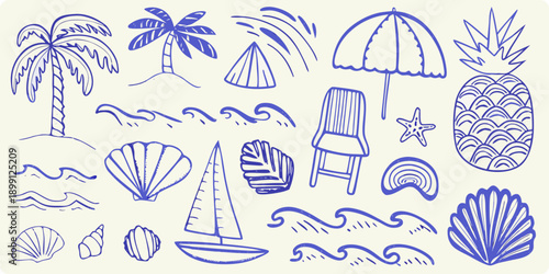 Blue line drawing of tropical vacation elements palm trees beach and sea life
