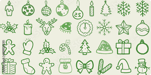 Collection of hand drawn green christmas ornaments and festive holiday icons