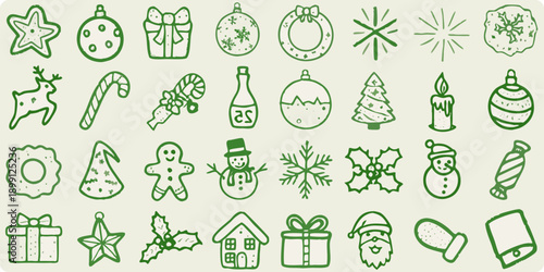 Collection of green line art christmas ornaments and seasonal icons