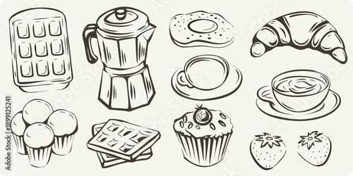 A sketch of breakfast items including coffee pastries and fruit