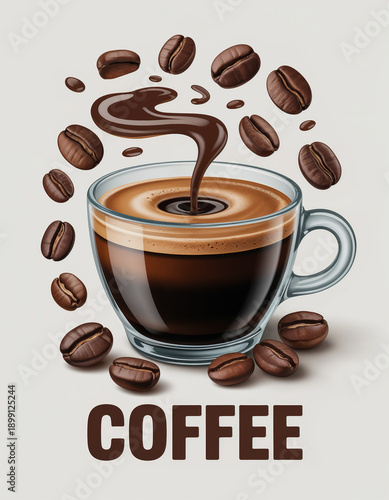 Delicious coffee drink with steam and coffee beans design on gray