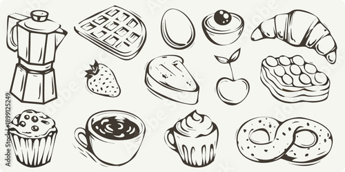 A collection of breakfast items including pastries coffee and fruit