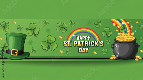 St patrick's day banner with rainbow pot of gold and shamrocks on green background