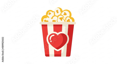Colorful illustration of a popcorn bucket with a heart symbol on it filled with yellow popcorn against a white background