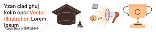 Education, achievement, motivation, success, communication, recognition. A graduation cap, megaphone with dollar and heart icons and a trophy. Education and achievement concept