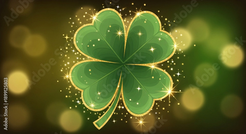 Golden lucky four leaf clover with sparkling stars and bokeh