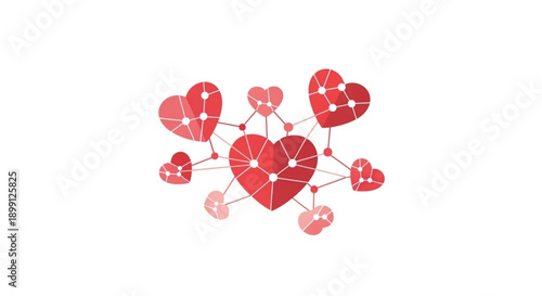 Interconnected hearts network with central large red heart and smaller hearts