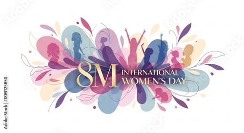 International women's day 8m colorful illustration with silhouettes and floral elements on white background