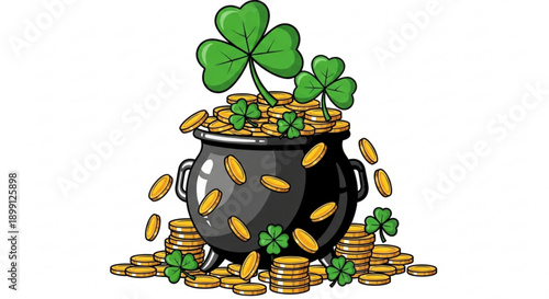 Pot of gold coins with shamrocks and lucky charms illustration