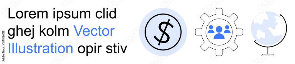 Obraz premium Financial management, teamwork, global business, economics, connectivity, international trade. Dollar sign, gear with people and globe. Finance and teamwork icon concepts