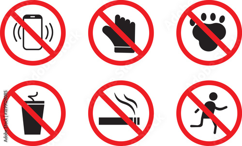 No smoking and smoking area labels.no cell phone zone, litter, smoking, pets, no eating and drinks allowed, do not touch.black circle on glyph icon

