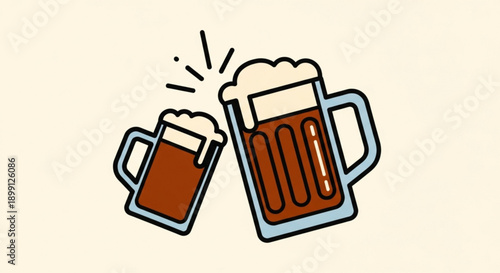 Two cartoon beer mugs cheering with foam on a light background