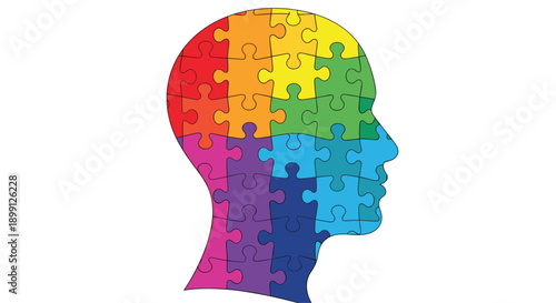Human head profile silhouette composed of interlocking colorful puzzle pieces on a white background representing mental health and cognitive psychology concepts.