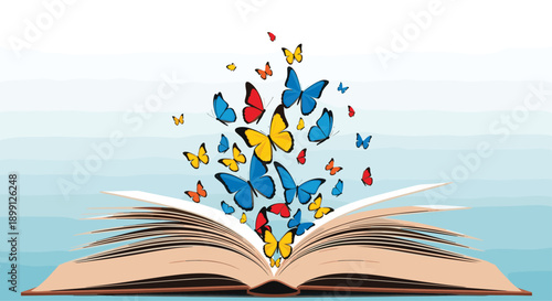 Open book with pages spread flat and a swarm of colorful butterflies flying upward from the center against a soft blue background for literature and imagination.