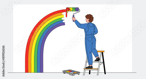 Person in blue overalls standing on a step ladder painting a vibrant rainbow onto a white wall with a paint roller in a minimalist studio environment.