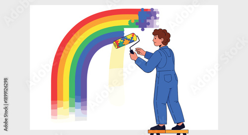 Artist in blue workwear painting a rainbow made of colorful puzzle pieces onto a white wall surface with a textured roller for diversity and inclusion concepts.