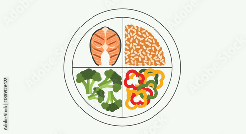 Top view of a balanced meal on a white plate divided into sections with grilled salmon brown rice broccoli and colorful peppers for nutrition and dieting.
