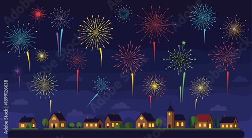 Nighttime view of a small village with house lights on under a dark sky filled with many colorful exploding fireworks for holiday and new year celebrations.