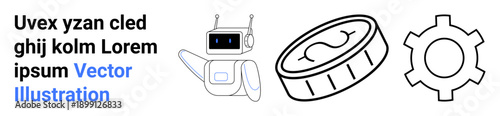 Smiling robot with antennas, a shiny coin, and a gear wheel symbolizing robotics, technology, automation, cryptocurrency, innovation, efficiency and modern solutions. Ideal for tech-related branding